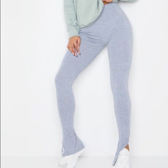 Grey Marl Basic Jersey Split Hem Leggings - Picture 1 of 9